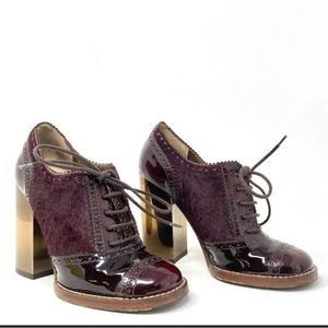 Dolce & Gabbana Burgundy Patent Leather & Calf Hair Wingtip Heeled Oxfords 37/7